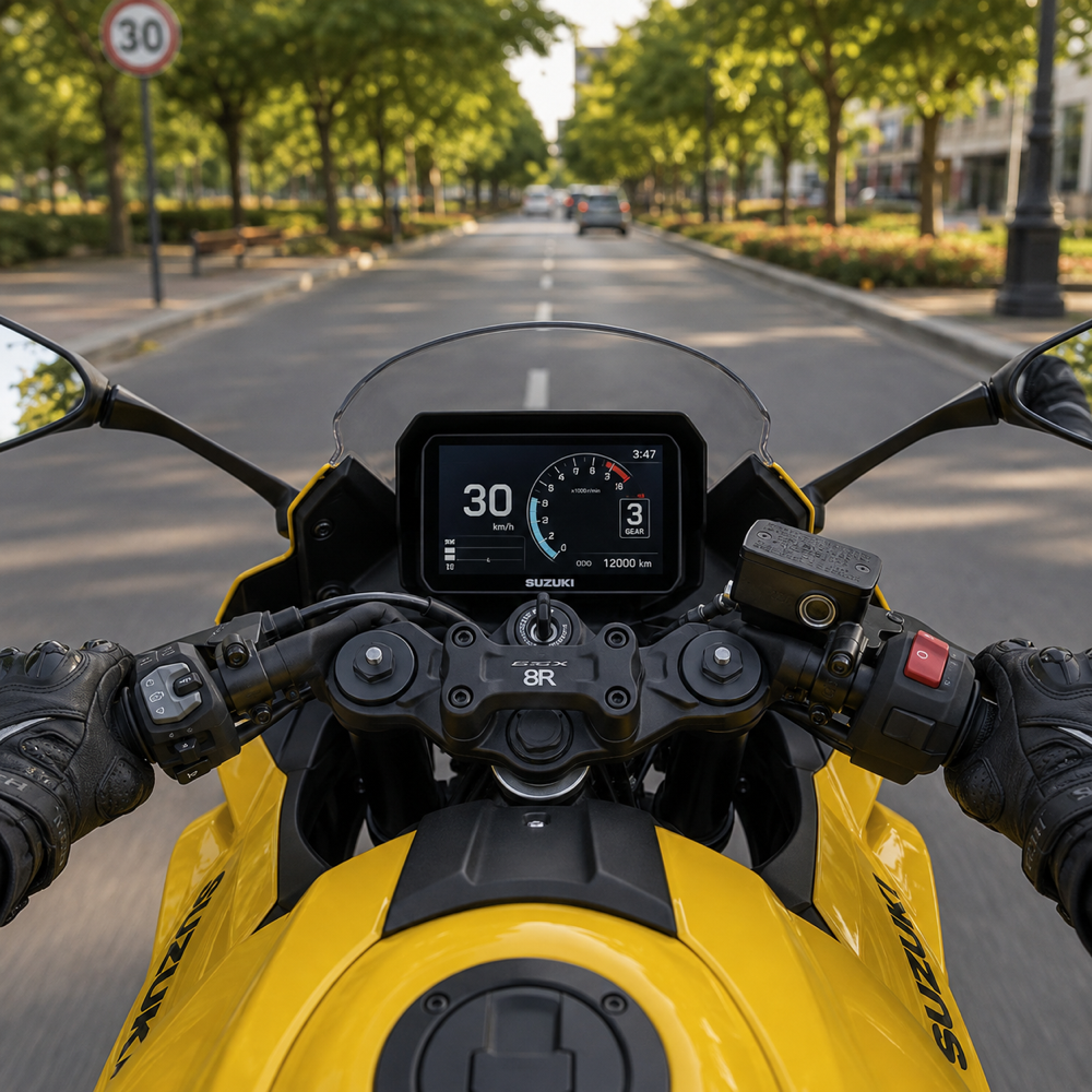 Sarı Suzuki GSX-8R göstergesi 12.000 km, ağaçlı bulvarda otuz kilometre hızla seyir