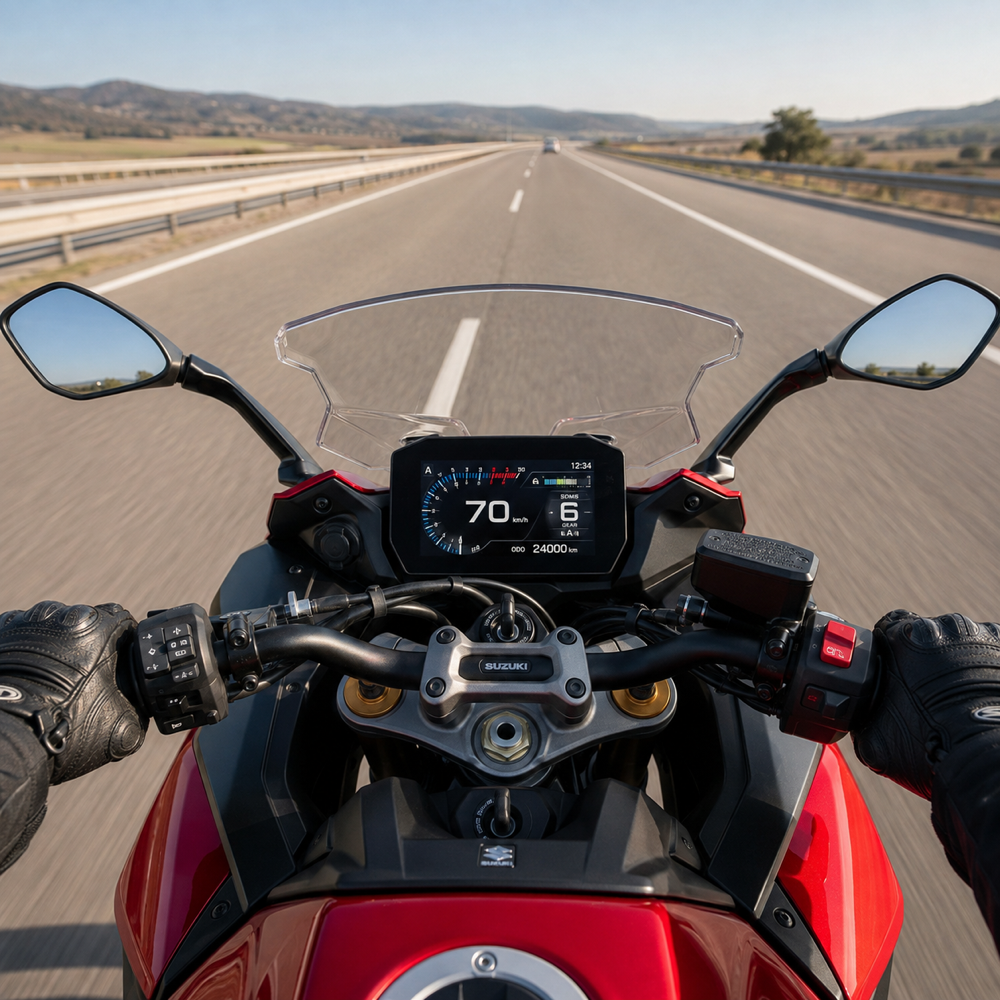 Kırmızı Suzuki göstergesinde 24.000 km, açık otoyolda altıncı viteste yetmiş kilometre hız