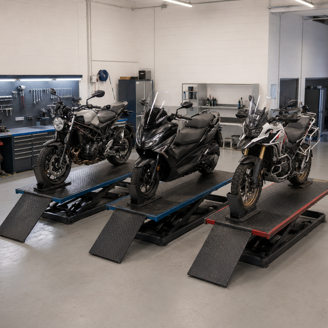 Delta Motor atölyesinin üç liftli çalışma alanı, her liftte bir motosiklet